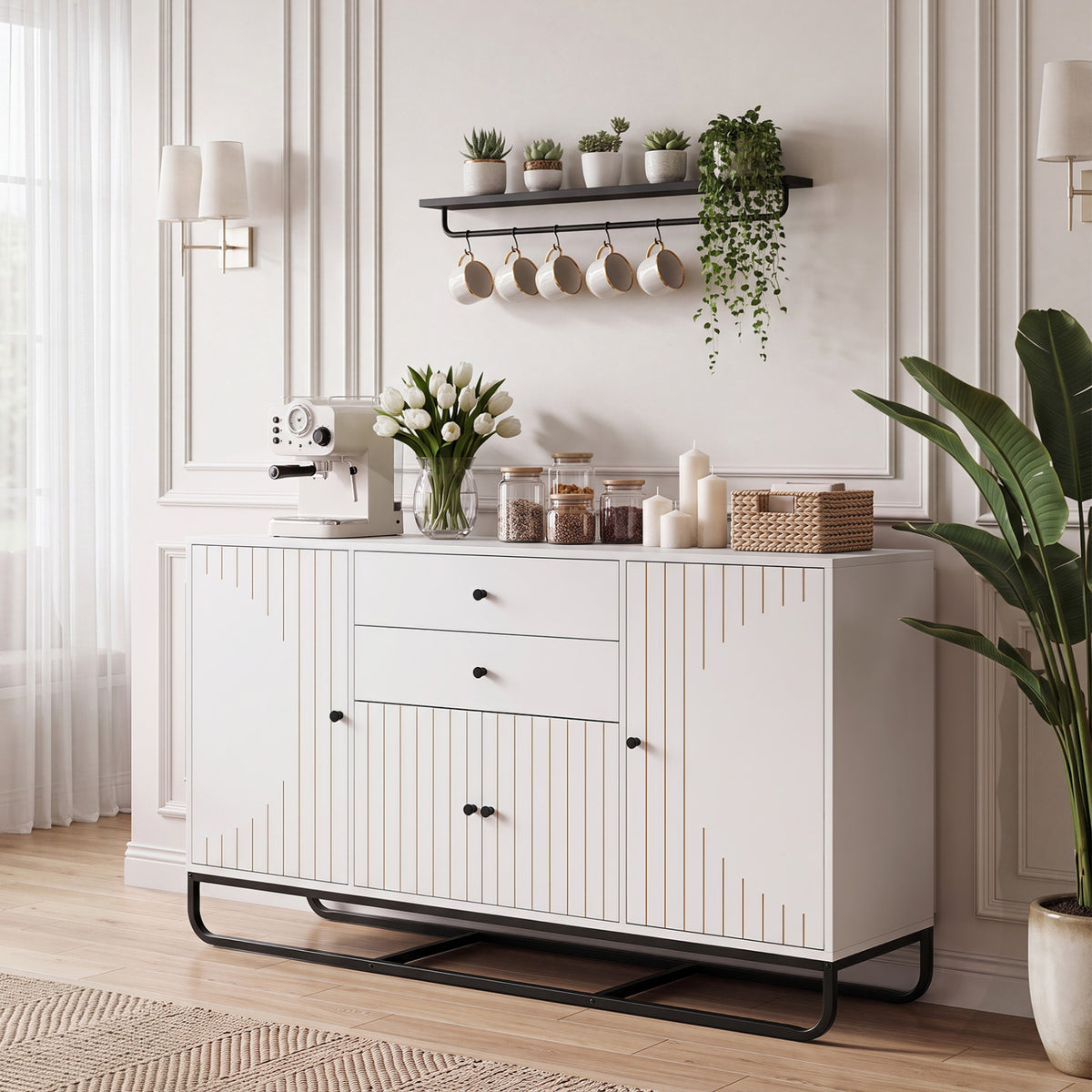 Modern Buffet Sideboard Cabinet w/ 2 Drawers & Adjustable Shelves for Dining Room-White view 3