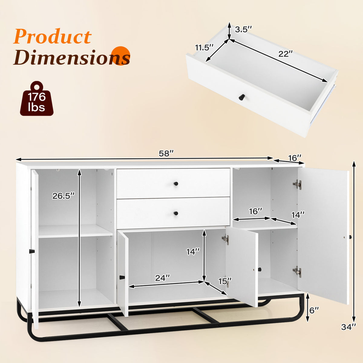 Modern Buffet Sideboard Cabinet w/ 2 Drawers & Adjustable Shelves for Dining Room-White view 5