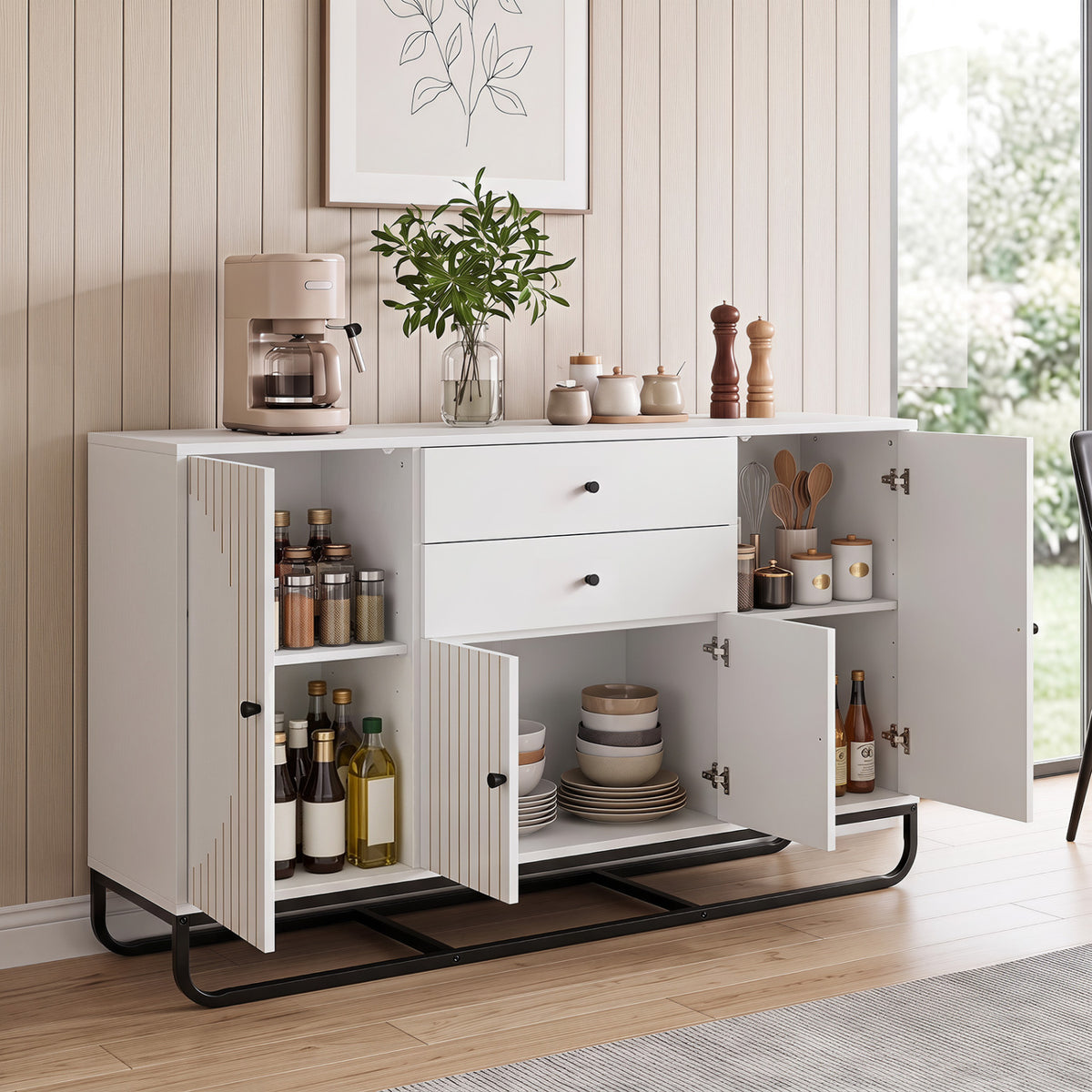 Modern Buffet Sideboard Cabinet w/ 2 Drawers & Adjustable Shelves for Dining Room-White view 6
