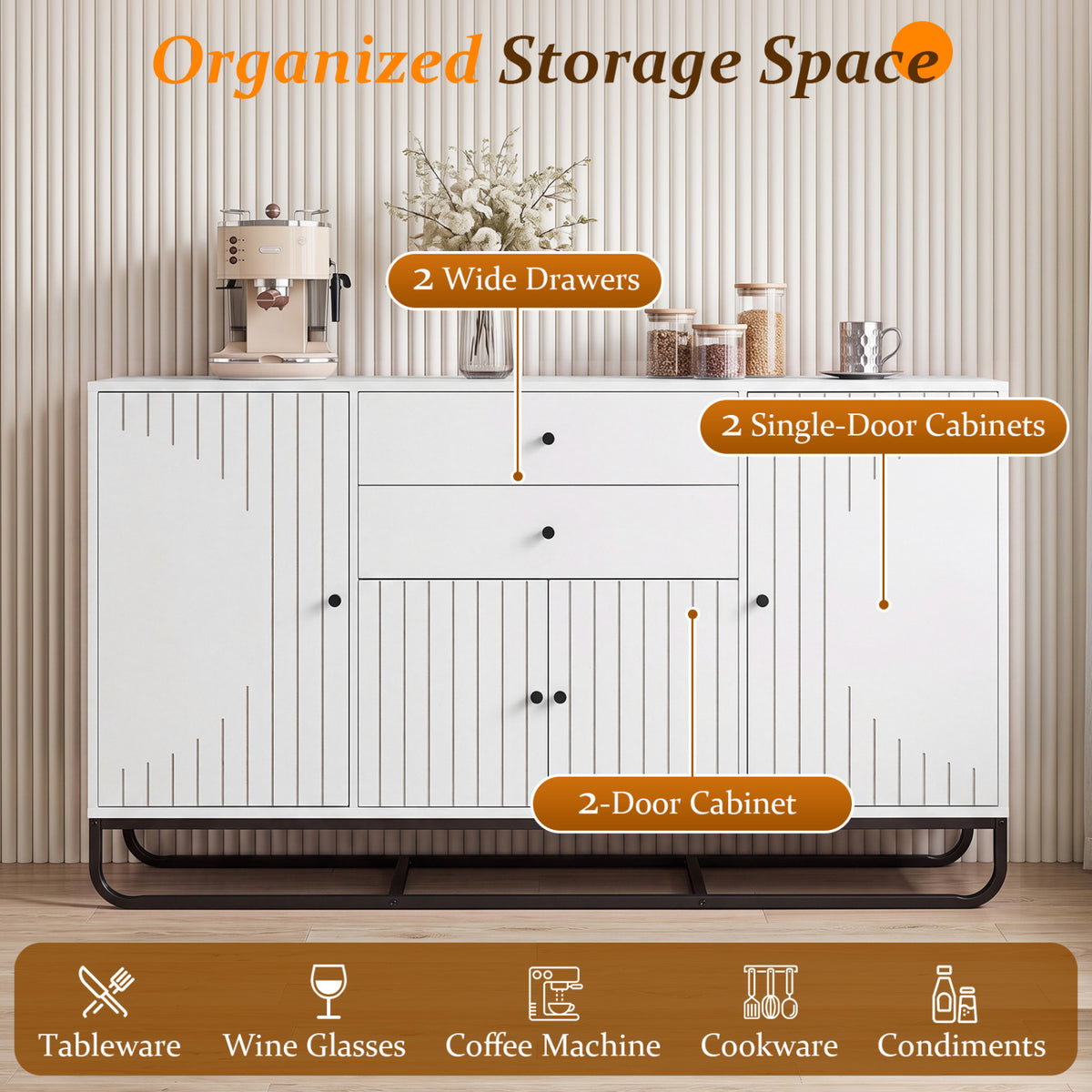 Modern Buffet Sideboard Cabinet w/ 2 Drawers & Adjustable Shelves for Dining Room-White view 7