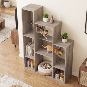 Modern Cat Bookshelf Cat Tree 8-Section Storage Cabinet with 2 Round Holes-Gray Oak view 2
