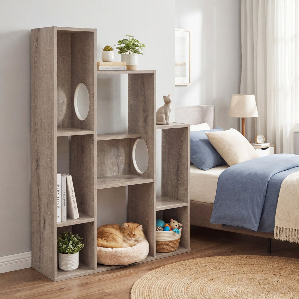 Modern Cat Bookshelf Cat Tree 8-Section Storage Cabinet with 2 Round Holes-Gray Oak view 3