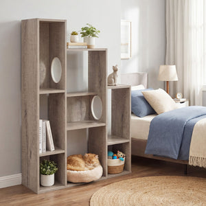 Modern Cat Bookshelf Cat Tree 8-Section Storage Cabinet with 2 Round Holes-Gray Oak view 3