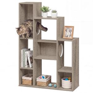 Modern Cat Bookshelf Cat Tree 8-Section Storage Cabinet with 2 Round Holes-Gray Oak view 4