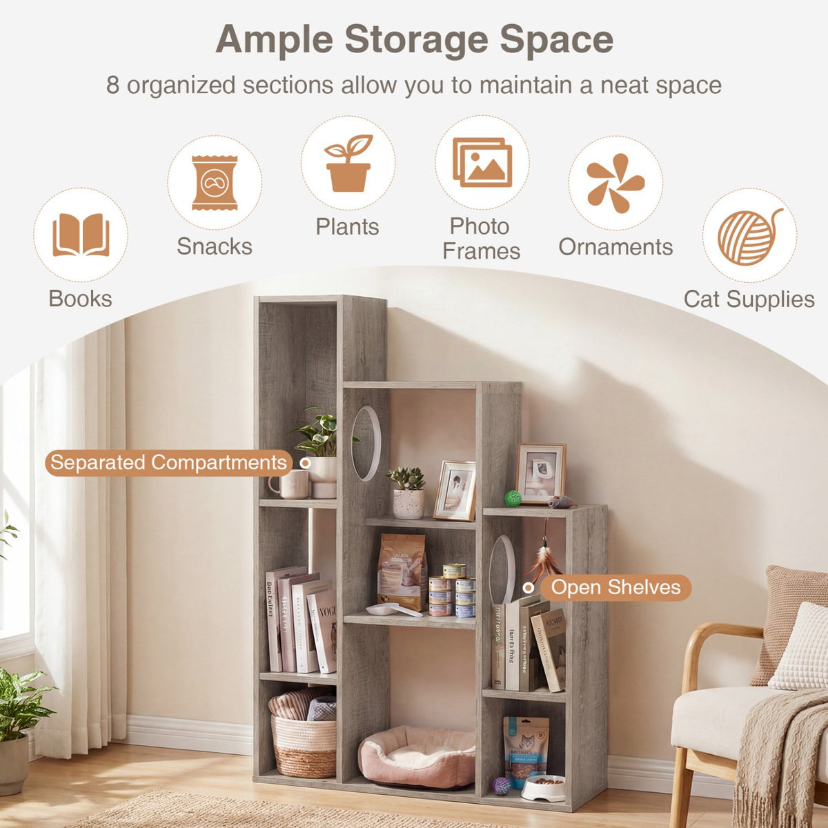 Modern Cat Bookshelf Cat Tree 8-Section Storage Cabinet with 2 Round Holes-Gray Oak view 6