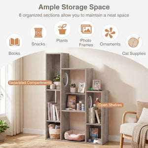 Modern Cat Bookshelf Cat Tree 8-Section Storage Cabinet with 2 Round Holes-Gray Oak view 6
