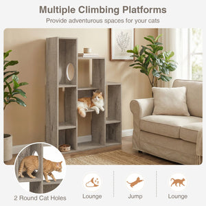 Modern Cat Bookshelf Cat Tree 8-Section Storage Cabinet with 2 Round Holes-Gray Oak view 7