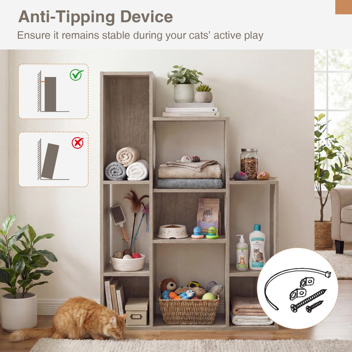 Modern Cat Bookshelf Cat Tree 8-Section Storage Cabinet with 2 Round Holes-Gray Oak view 8