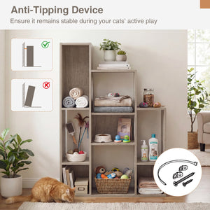 Modern Cat Bookshelf Cat Tree 8-Section Storage Cabinet with 2 Round Holes-Gray Oak view 8
