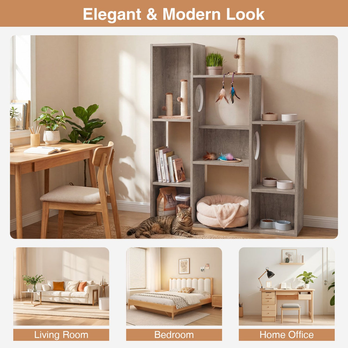 Modern Cat Bookshelf Cat Tree 8-Section Storage Cabinet with 2 Round Holes-Gray Oak view 9