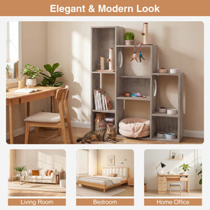 Modern Cat Bookshelf Cat Tree 8-Section Storage Cabinet with 2 Round Holes-Gray Oak view 9