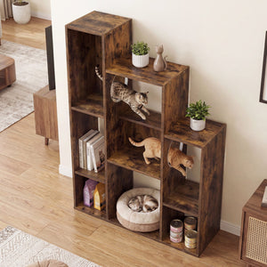 Modern Cat Bookshelf Cat Tree 8-Section Storage Cabinet with 2 Round Holes-Rustic Brown view 2