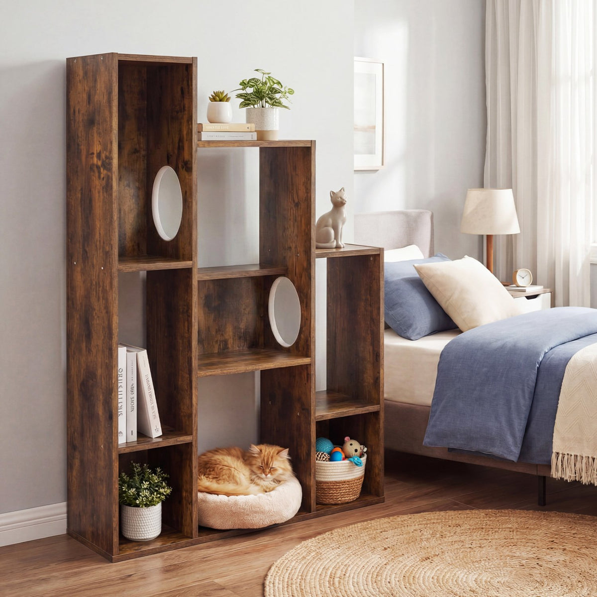 Modern Cat Bookshelf Cat Tree 8-Section Storage Cabinet with 2 Round Holes-Rustic Brown view 3