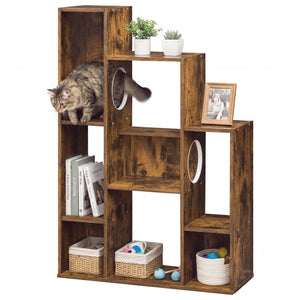 Modern Cat Bookshelf Cat Tree 8-Section Storage Cabinet with 2 Round Holes-Rustic Brown view 4