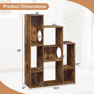 Modern Cat Bookshelf Cat Tree 8-Section Storage Cabinet with 2 Round Holes-Rustic Brown view 5