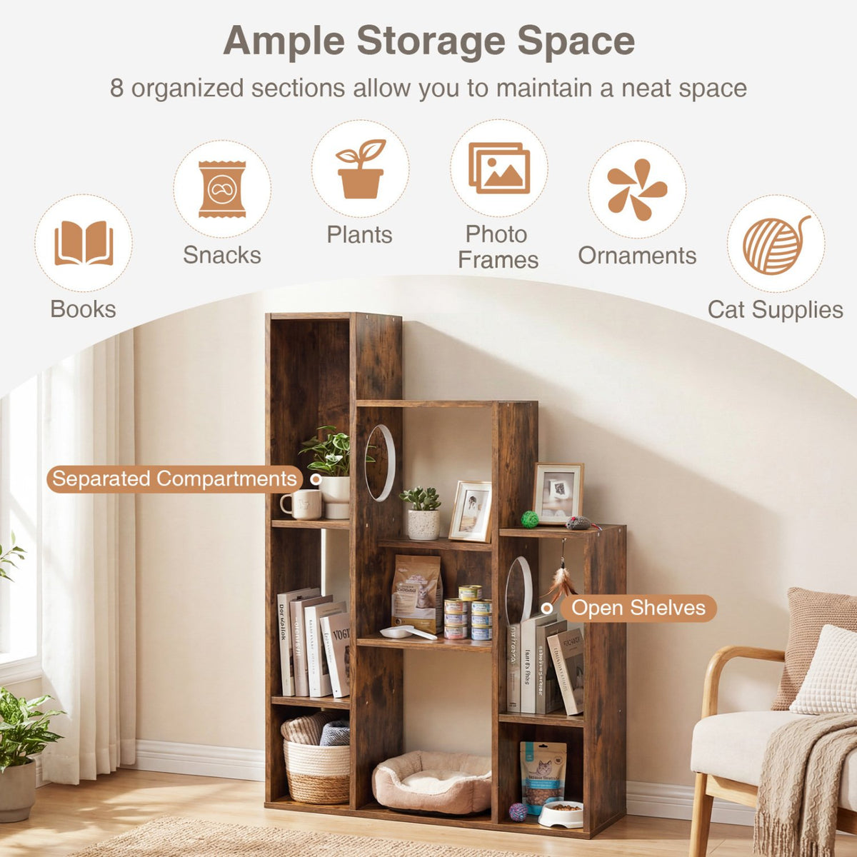 Modern Cat Bookshelf Cat Tree 8-Section Storage Cabinet with 2 Round Holes-Rustic Brown view 6