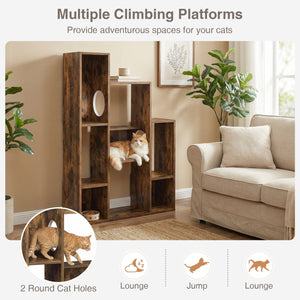Modern Cat Bookshelf Cat Tree 8-Section Storage Cabinet with 2 Round Holes-Rustic Brown view 7