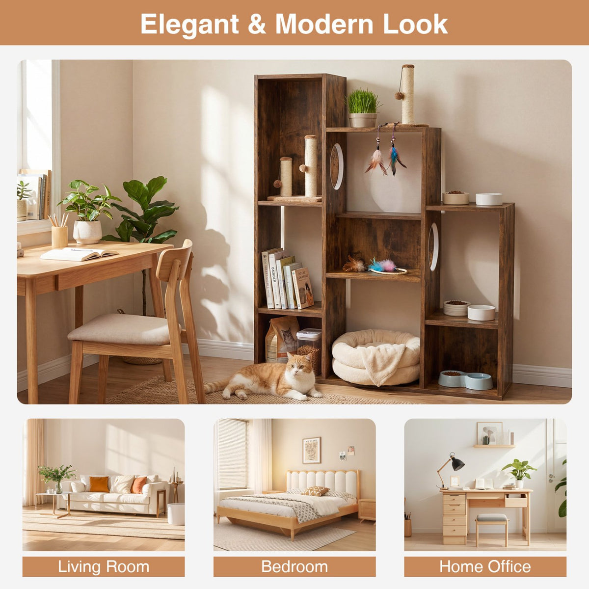 Modern Cat Bookshelf Cat Tree 8-Section Storage Cabinet with 2 Round Holes-Rustic Brown view 9