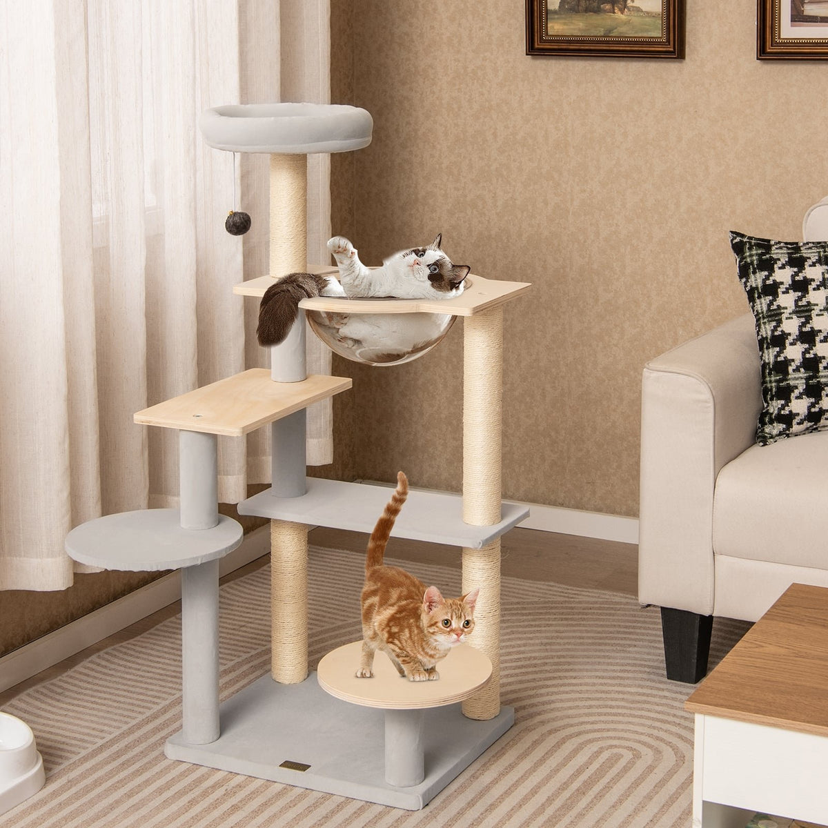 Modern Cat Tree 44 Inch Multi-level Cat Tower with Removable Padded Top Perch-Natural view 2