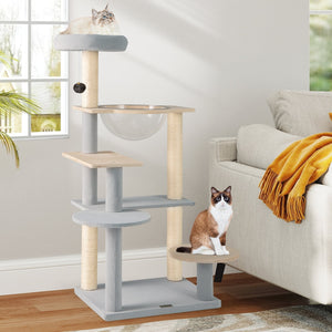 Modern Cat Tree 44 Inch Multi-level Cat Tower with Removable Padded Top Perch-Natural view 3