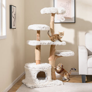 Modern Cat Tree 53 Inch Tall Natural Branch Wooden Cat Tower with Jute Scratching Posts-White view 2
