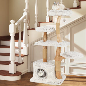 Modern Cat Tree 53 Inch Tall Natural Branch Wooden Cat Tower with Jute Scratching Posts-White view 3