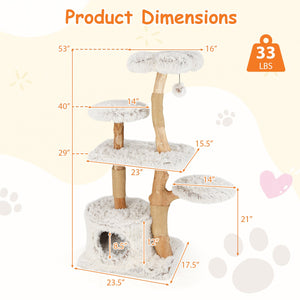 Modern Cat Tree 53 Inch Tall Natural Branch Wooden Cat Tower with Jute Scratching Posts-White view 4