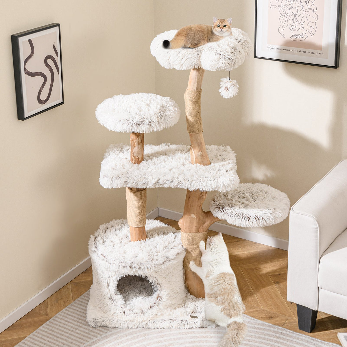 Modern Cat Tree 53 Inch Tall Natural Branch Wooden Cat Tower with Jute Scratching Posts-White view 5