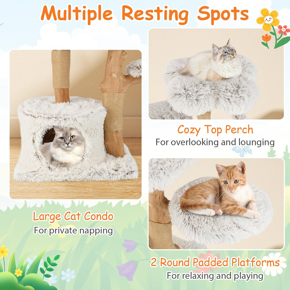 Modern Cat Tree 53 Inch Tall Natural Branch Wooden Cat Tower with Jute Scratching Posts-White view 7