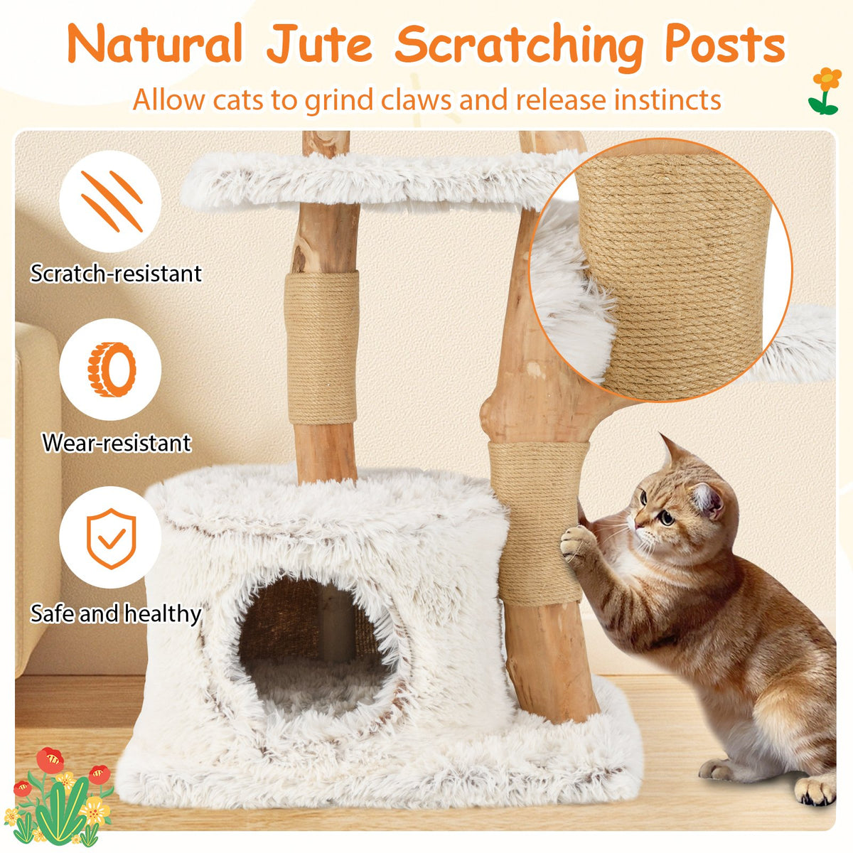 Modern Cat Tree 53 Inch Tall Natural Branch Wooden Cat Tower with Jute Scratching Posts-White view 9