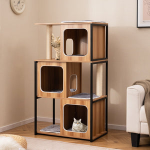 Modern Cat Tree Cat House with Metal Frame and Scratching Posts-Natural view 2