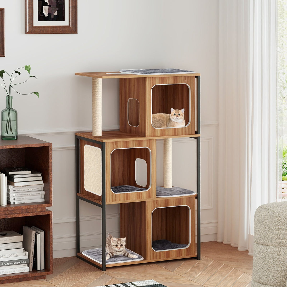 Modern Cat Tree Cat House with Metal Frame and Scratching Posts-Natural view 3