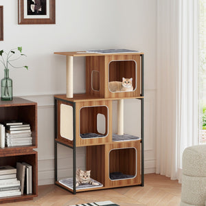 Modern Cat Tree Cat House with Metal Frame and Scratching Posts-Natural view 3