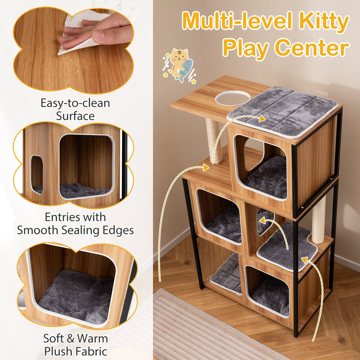 Modern Cat Tree Cat House with Metal Frame and Scratching Posts-Natural view 6