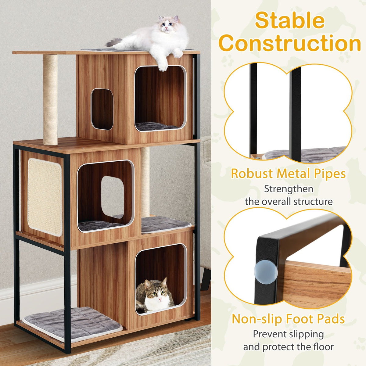 Modern Cat Tree Cat House with Metal Frame and Scratching Posts-Natural view 7