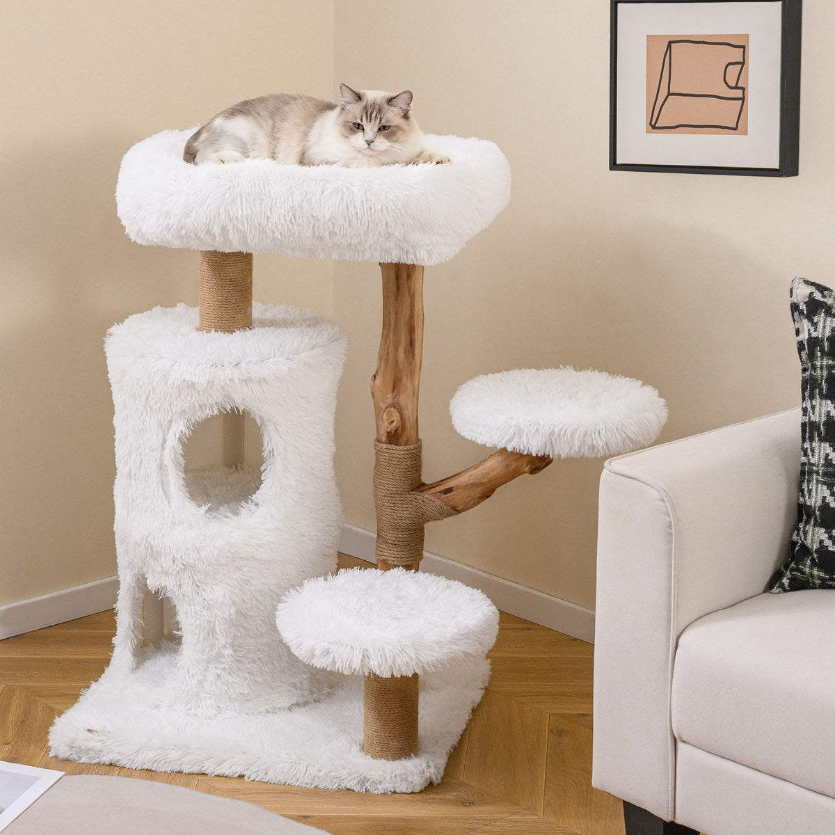 Modern Cat Tree for Indoor Cats 30.5 Cat Tower with Real Solid Wood Branches-White view 2