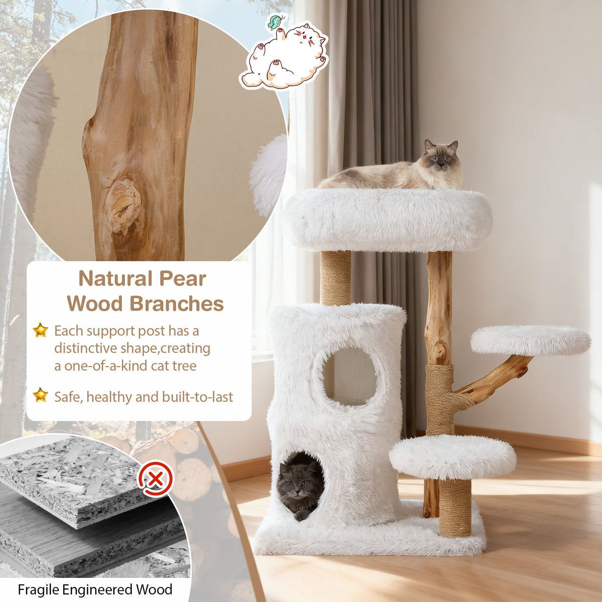 Modern Cat Tree for Indoor Cats 30.5 Cat Tower with Real Solid Wood Branches-White view 9