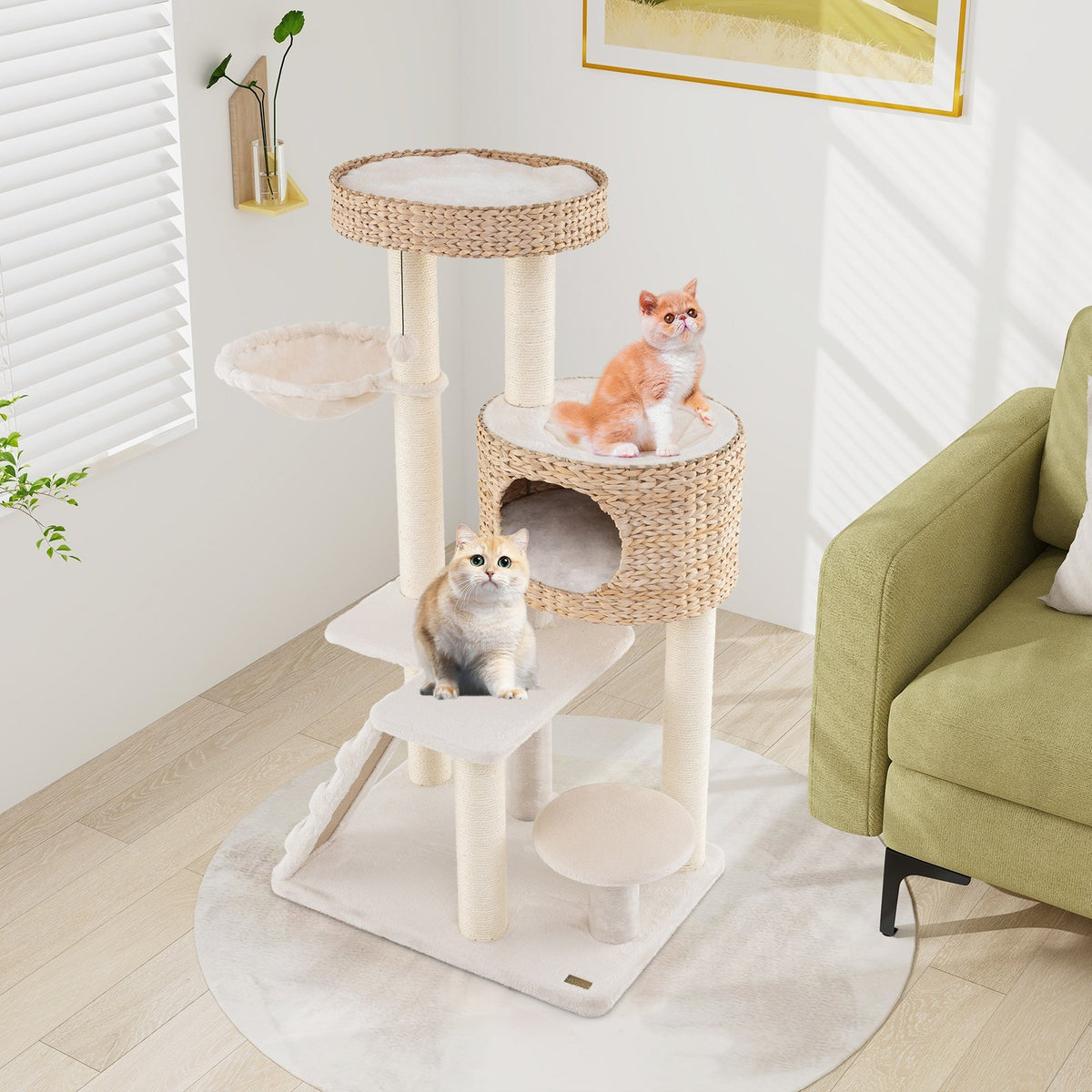 Modern Cat Tree for Indoor Cats with Cattail Fluff Condo and Top Perch-Natural view 2