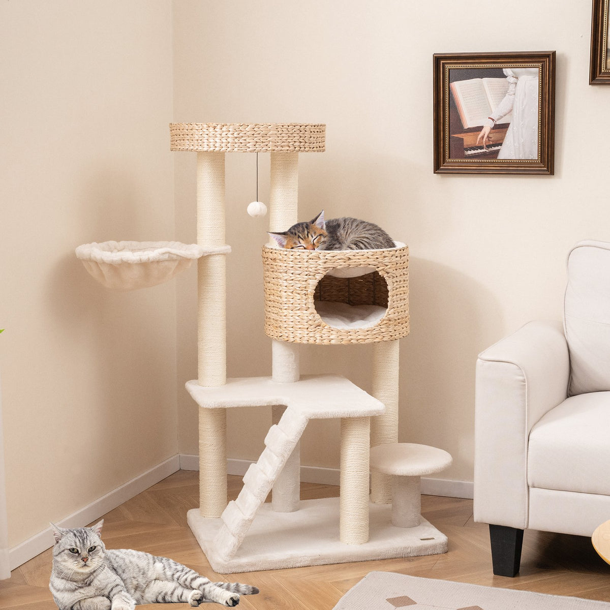 Modern Cat Tree for Indoor Cats with Cattail Fluff Condo and Top Perch-Natural view 3