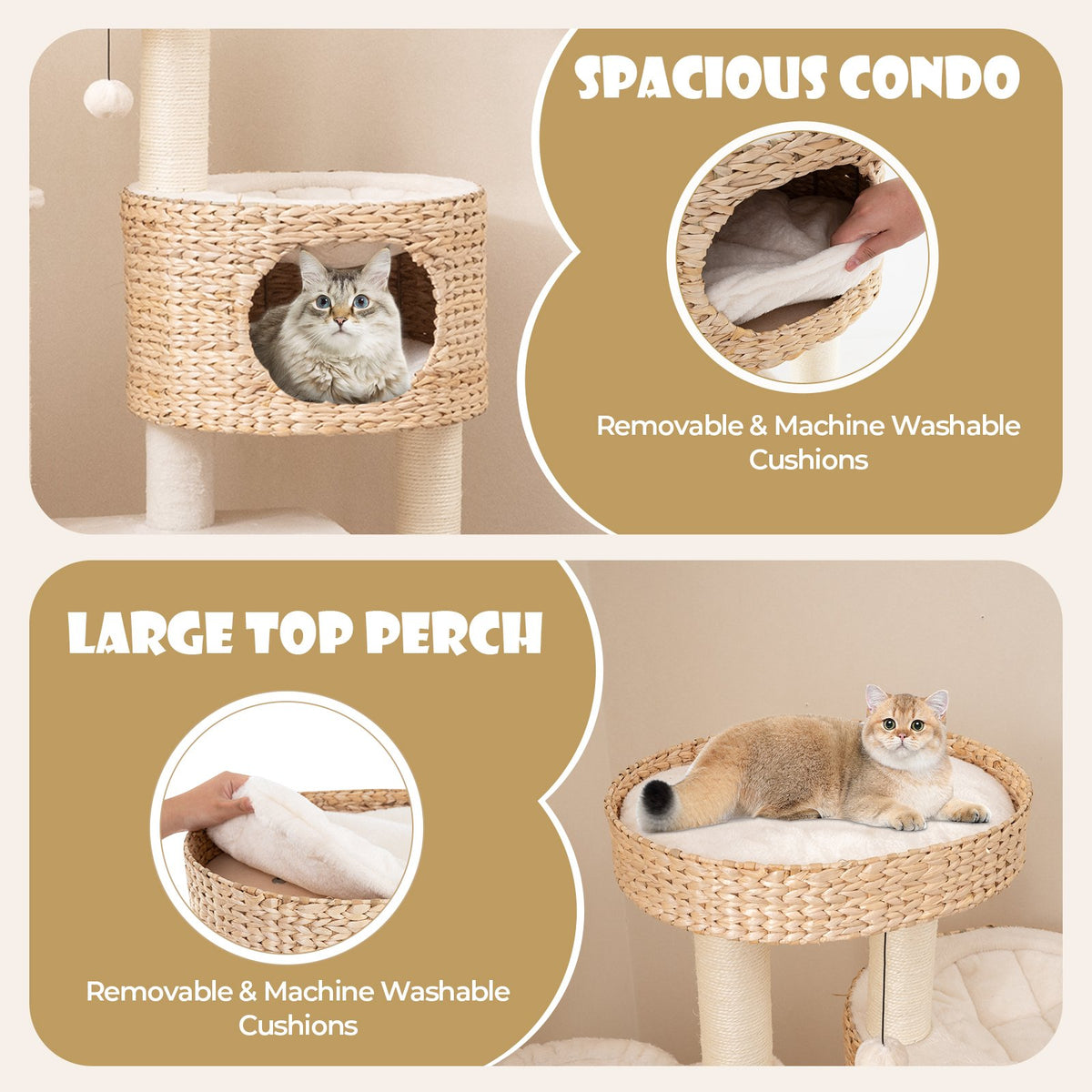 Modern Cat Tree for Indoor Cats with Cattail Fluff Condo and Top Perch-Natural view 6