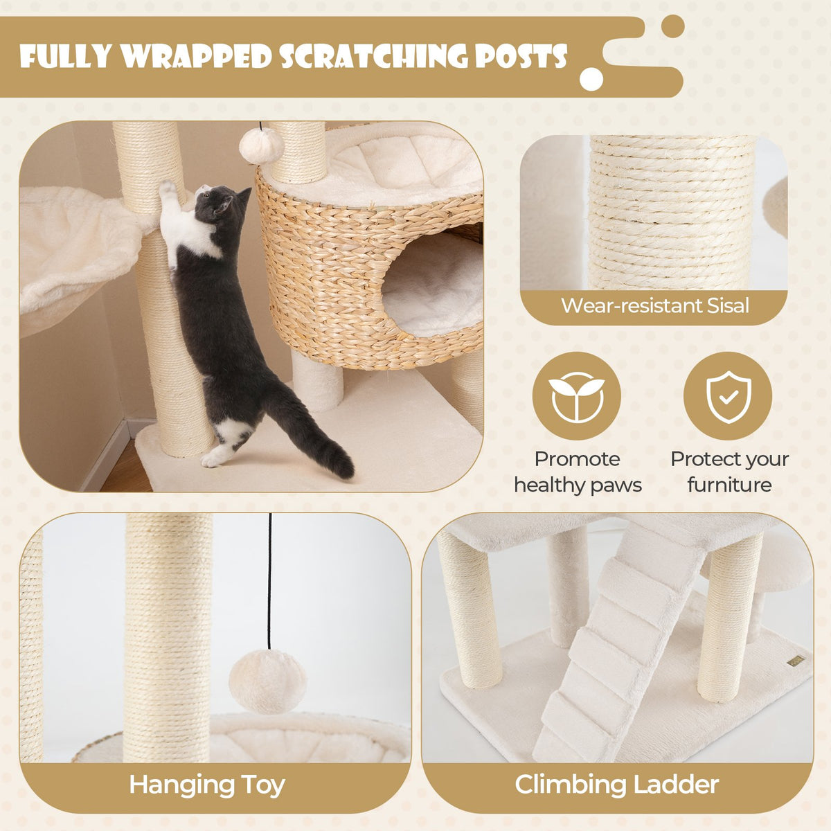 Modern Cat Tree for Indoor Cats with Cattail Fluff Condo and Top Perch-Natural view 8