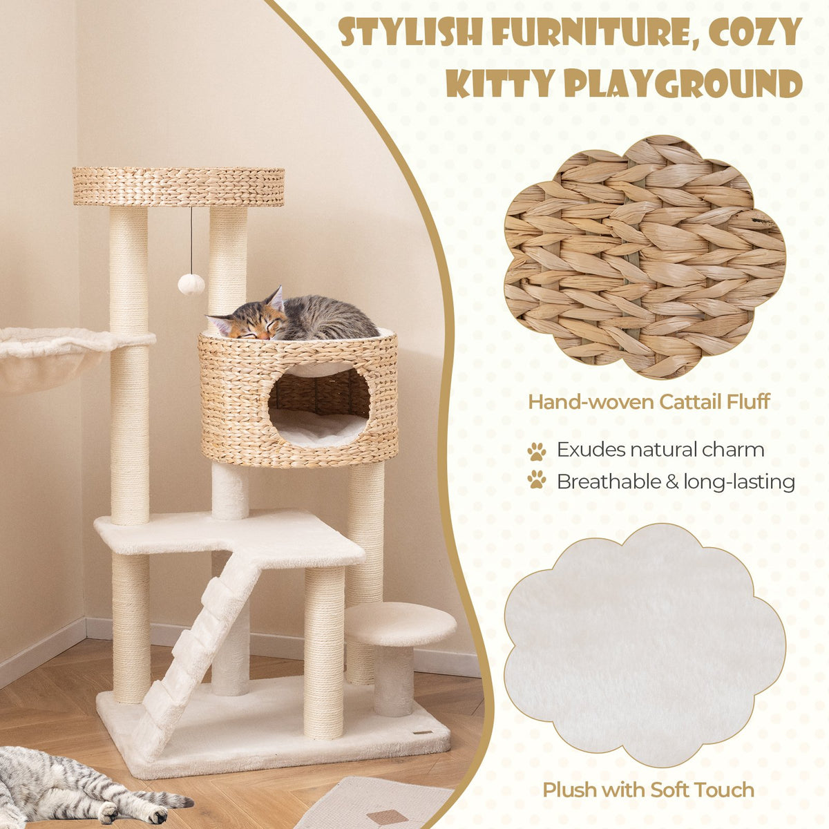 Modern Cat Tree for Indoor Cats with Cattail Fluff Condo and Top Perch-Natural view 9