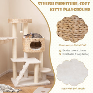 Modern Cat Tree for Indoor Cats with Cattail Fluff Condo and Top Perch-Natural view 9