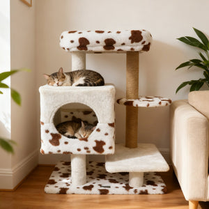 Modern Cat Tree Indoor Cat Tower with Wide Upholstered Perch and 2-Entrance Cat Condo-White view 3