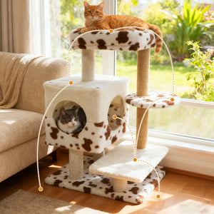 Modern Cat Tree Indoor Cat Tower with Wide Upholstered Perch and 2-Entrance Cat Condo-White view 6