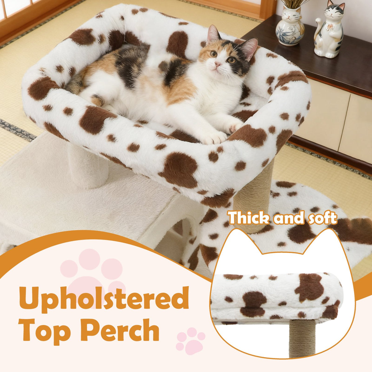 Modern Cat Tree Indoor Cat Tower with Wide Upholstered Perch and 2-Entrance Cat Condo-White view 8