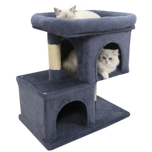 Modern Cat Tree Space-saving Cat Tower with Upholstered Perch and 2 Cat Condos-Dark Grey