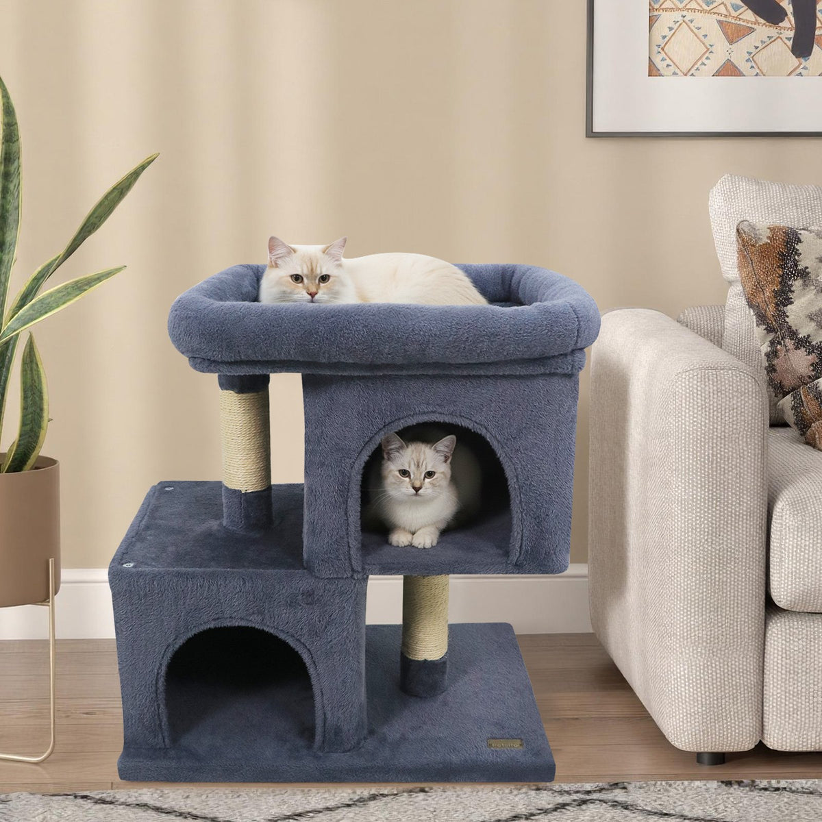 Modern Cat Tree Space-saving Cat Tower with Upholstered Perch and 2 Cat Condos-Dark Grey view 2