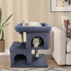 Modern Cat Tree Space-saving Cat Tower with Upholstered Perch and 2 Cat Condos-Dark Grey view 2