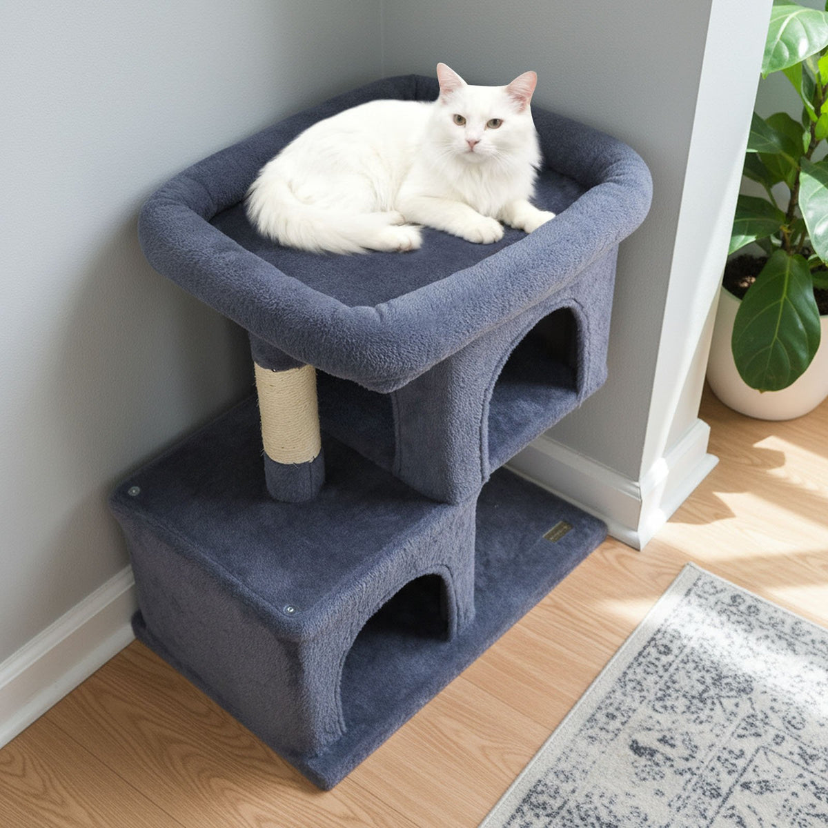 Modern Cat Tree Space-saving Cat Tower with Upholstered Perch and 2 Cat Condos-Dark Grey view 3